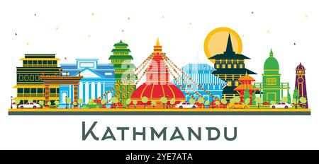 Kathmandu Nepal City Skyline mit farbigen Gebäuden isoliert auf weiß. Vektorabbildung. Stock Vektor