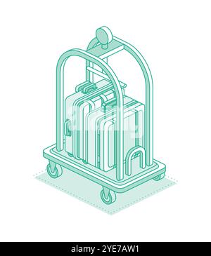 Isometrischer Trolley mit Gepäck und Koffern. Hotelausstattung. Vektorabbildung. Objekt isoliert auf weiß. Hotelrezeption und Zimmerservice. Stock Vektor