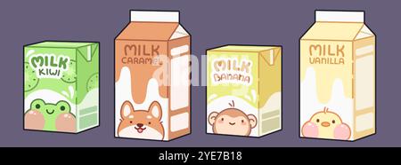 Kawaii Milchkarton mit Charakterdesign. Niedliches Anime-Saft-Paket im japanischen asiatischen Stil mit Affen und shiba-Hund. Niedliches Pappelement für karamellige Flüssigmilkshake-Bannerzeichnung Stock Vektor