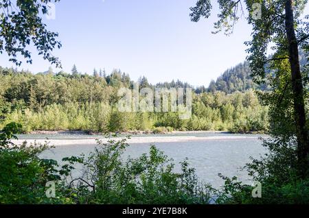 Faszinierender Blick auf den Vedder River, der sich durch Chilliwack, British C, Olumnbia, Kanada schlängelt Stockfoto