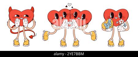 Groovige Herzfiguren isoliert auf weißem Hintergrund. Zeitgenössische Vektor-Karikaturillustration von y2k Liebe Maskottchen im Teufelskostüm, halten Geschenk und Blumen, Paar umarmen, Valentinstag Symbol Stock Vektor