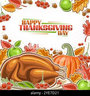 Vektor Thanksgiving Grußkarte mit Kopierraum, dekorative Plakette mit Zeichentrickdesign Thanksgiving Komposition mit gekochtem truthahn, quadratische Karte Wit Stock Vektor