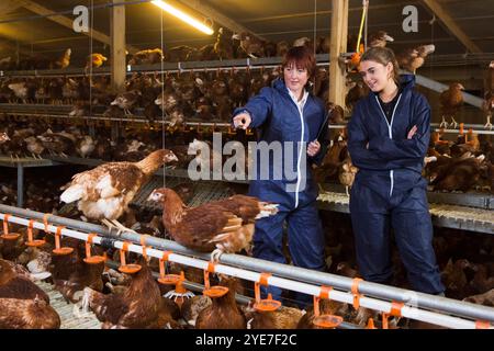 L bis R: Julie Taylor (RSPCA-Gutachterin), Beth Williamson (Wot-A-Pullet Farm Manager) bei einer RSPCA bestätigte akreditierte Junghennen. Yorkshire. Vereinigtes Königreich Stockfoto