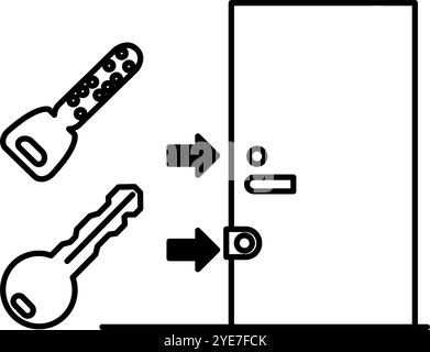 Doppelt verschlossene Vordertür, Kriminalprävention und Haussicherheit Schwarz-weiß-Symbole, Vektor-Illustration Stock Vektor