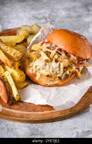 Hühnchenburger mit Pilzen auf einem hölzernen Schneidebrett Stockfoto