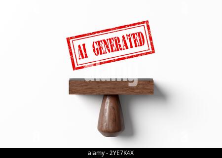 Der rote Stempel erzeugt einen KI-generierten Abdruck auf weißem Hintergrund, der Automatisierung und maschinelles Lernen veranschaulicht. 3D-Rendering. Stockfoto