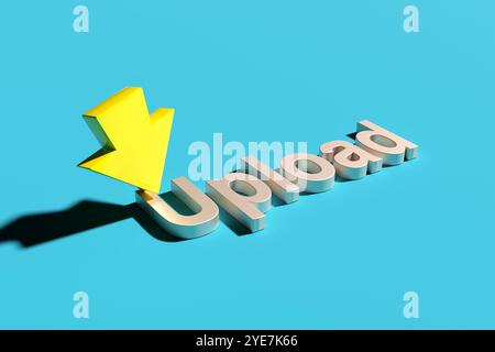 3D-Abbildung eines gelben Pfeils, der nach unten auf ein Upload-Wort zeigt und die Datenübertragung und die gemeinsame Nutzung digitaler Inhalte symbolisiert. Stockfoto