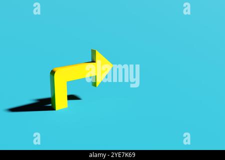 Der gelbe Pfeil zeigt nach rechts vor einem blauen Hintergrund, der die Richtung angibt. 3D-Rendering. Stockfoto