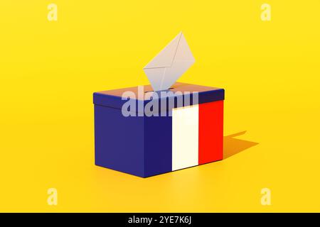 Wahlen und Wahlen in Frankreich. Die Wahlurne mit der französischen Flagge akzeptiert eine Abstimmung auf hellgelbem Hintergrund. 3D-Rendering. Stockfoto