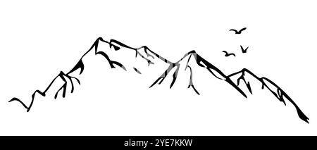 Bergrücken, schneebedeckte Gipfel, umgeben von wilder Natur. Handgezeichnetes Querformat, Kartenlinienkontur. Felsengebirge Landschaftsdesign, Ikone. Vektorabbildung Stock Vektor