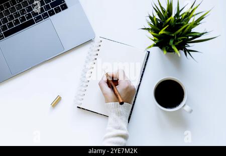 notizblock und Frau schreiben Neujahrsvorsätze. Blume, Laptop und Kaffeetasse im Hintergrund. Stockfoto