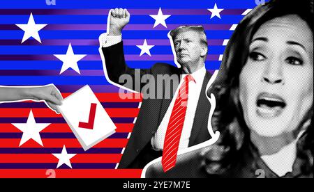 Porträt von Donald Trump und Kamala Harris. Illustrative Fotocollage mit Halbtoneffekt Stockfoto