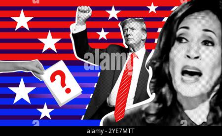 Porträt von Donald Trump und Kamala Harris. Illustrative Fotocollage mit Halbtoneffekt Stockfoto