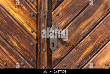 Detail eines alten Griffs an einer alten Holztür Stockfoto
