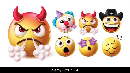 Emoji Evil Emoticon Charakter Vektor Set. Emojis Dämon, Monster und böse Gesicht Ikone mit Geburtstagsklown, Teufel, Cowboy, Schock, Sternauge und Schläfrigkeit Stock Vektor