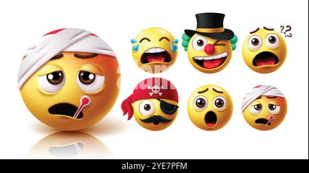 Emoji Sick Character Vektor Set. Emoticon-Krankheiten wie Grippe, Fieber, schwach, unwohl und Verband mit Weinen, Clown, Schock, Piraten und überraschendem Gesicht Stock Vektor