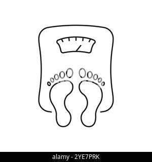 Symbol für die Waage „Füße auf Badezimmerwaage“, Symbol für die Gewichtsmessung. Fitness, Diät, Gewichtsverlust, Gesundheit und medizinische Untersuchung. Isolierter Vektor Stock Vektor