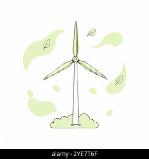 Einfache flache Vektorillustration einer Windturbine mit grünen Blättern, die umweltfreundliche Energie und Nachhaltigkeit repräsentiert. Ideal für erneuerbare Energien und Umweltprojekte. Stock Vektor