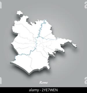 Isometrische 3D-Karte von Rom, die Flüsse und Seen in Blau mit grauem Hintergrund zeigt Stock Vektor