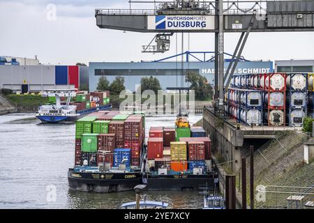 Hafen Duisburg Ruhrort, Containerfrachter wird be- und entladen bei DeCeTe, Duisburger Containerterminal, Duisport, Duisburger Hafen AG, Duisbur Stockfoto