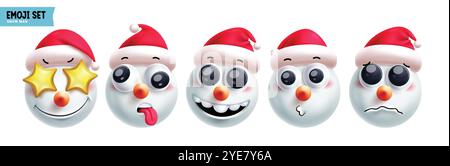 Emoji Schneemann weihnachten Emoticon Charaktere Vektor Set. Emojis Xmas Charakter in glücklich, staunen, frech, lächelnd, lustig, einsames und trauriges, süßes 3D-Gesicht Stock Vektor