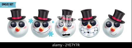 Emoji Schneemann weihnachten Emoticon Charaktere Vektor Set. Emojis Xmas Charakter in glücklich, lustig, frech, lächelnd, schwindlig, inspiriertes und niedliches Gesicht rund Stock Vektor
