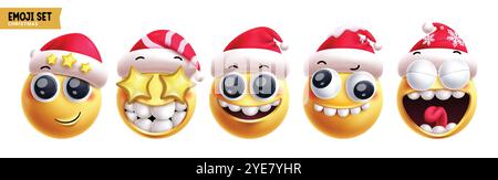 Emoji santa weihnachtsfiguren Vektor-Set. Emojis Xmas Emoticon Charakter in fröhlichen, lustigen, staunenden, frechen und niedlichen santa Hut Gesichtsreaktionen Stock Vektor