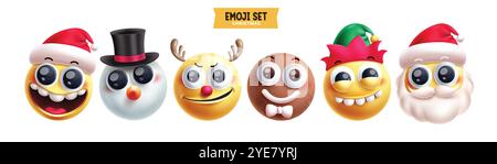 Emoji weihnachtsfiguren Vektorsatz. Emojis Emoticon Weihnachtsfigur wie Schneemann, Rentier, Ingwerbrot, Elf und weihnachtsmann in Happy Face 3D Stock Vektor