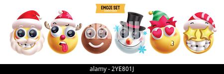 Emoji weihnachten Emoticon Charaktere Vektor Set. Emojis Xmas Charakter wie weihnachtsmann, Rentier, Ingwerbrot, Elf und Schneemann in Happy Face 3D Stock Vektor