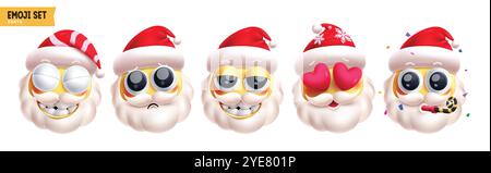 Emoji santa claus weihnachtsfiguren Vektor Set. Emojis Emoticon Weihnachtsfigur in lustig, glücklich, verliebt, süß, lächelnd, freches und betrunkenes Gesicht Stock Vektor