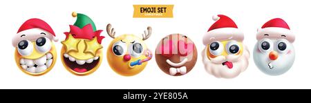 Emoji weihnachten Emoticon Charaktere Vektor Set. Emojis weihnachtsmann, Elf, Rentier, Ingwerbrot und Schneemann in Happy Face 3D Stock Vektor
