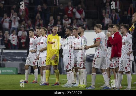 Tim Lemperle (1. FC Köln, Stürmer, #19), Marvin Schwaebe (1. FC Köln, Torwart, #1), Leart Pacarada (1. FC Köln, Defence, #17), DFB-Pokal: 1. FC Koel Stockfoto