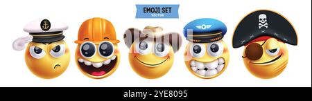 Emoji Profis Emoticon Charaktere Vektor Set. Emojis 3D-Charakter wie Kapitän, Ingenieur, Cowboy, Seemann, Pirate und Karrieremaskottchen rundes Gesicht Stock Vektor