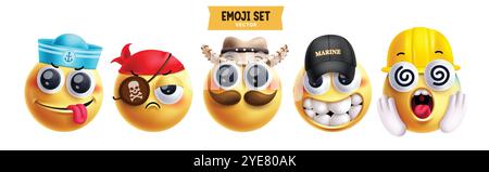 Emoji professionelle Emoticon Charaktere Vektor Set. Emojis-Profis sind wie Seemann, Pirate, Cowboy, Marine, Ingenieur und Karrieremaskottchen 3D Stock Vektor