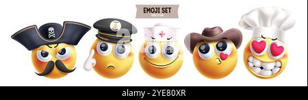 Emoji professionelle Emoticon Charaktere Vektor Set. Emojis Karriere 3D-Charakter wie Pirate, Küstenwache, Krankenschwester, Cowboy und Koch Round Face Elemente Stock Vektor