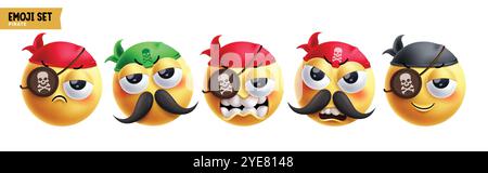 Emoji-Piraten-Emoticon-Zeichen-Vektor-Set. Emojis Dieb Seemann Charakter in trauriger, wütend, verrückt, lächelnd, glücklich und ernsthaft Gesichtsausdruck tragen Stock Vektor