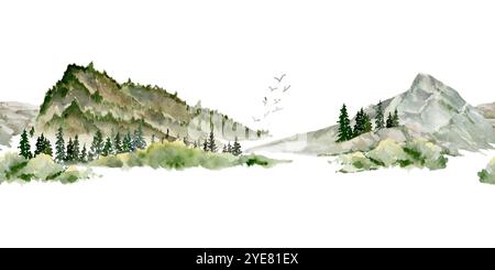 Landschaft Landschaft alpenpanorama, Nadelwälder Tannen, Berge Felder Hügel Weideland, handgezeichnet in Aquarellen. Nahtloses Banner Stockfoto