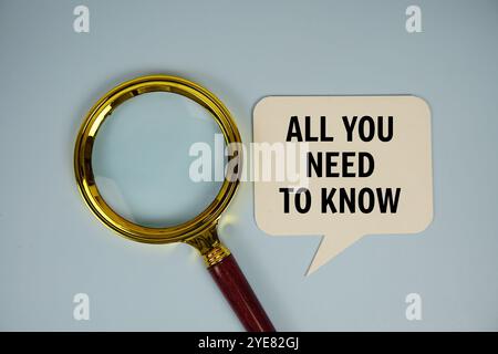 Alles, was Sie wissen müssen, Text auf Sprachblase mit Lupe von oben auf blauem Hintergrund Stockfoto