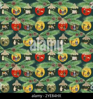 Weihnachtsbaum Krippe dekorative Kugel mit Tannenzweig Aquarellmuster auf dunkelgrünem Hintergrund. Illustration für Textil Stockfoto