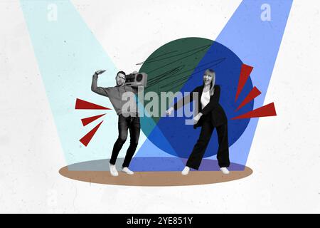 Composite Trend Artwork Skizze Bild Collage von sorglosen Party hören Musik Tanz veraltete Boombox zwei junge Dame Mann Moving Feiern Stockfoto