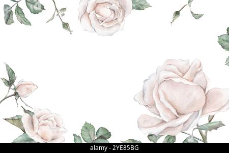 Abstrakter Kunsthintergrund mit Rose und Blättern. Rechteckiger Rahmen mit Teerose Handzeichnung Illustration , isoliert. Geeignet für Hochzeiten Stockfoto