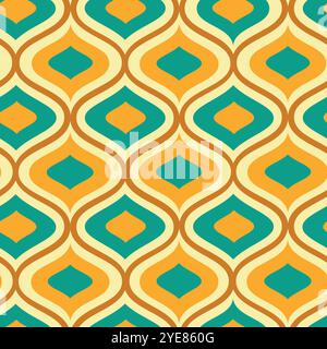 Nahtloses geometrisches Ogee-Muster aus der Mitte des Jahrhunderts in Orange, Petrol und Creme. Für Tapeten, Wohnkultur und Textilien Stock Vektor