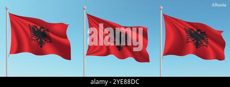 Set aus drei Flaggen Albaniens, die auf Fahnenmasten winken, mit einem leuchtend blauen Himmel vor der Kulisse. Stock Vektor