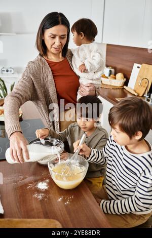 Eine glückliche Großmutter kocht mit ihren Enkeln und schafft festliche Erinnerungen während der Winterferien. Stockfoto