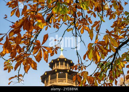 München, Deutschland. 30. Oktober 2024. Der Chinesische Turm im Englischen Garten steht hinter herbstlichen Kastanienblättern. Der Deutsche Wetterdienst hat seinen Monatsbericht für Oktober veröffentlicht. Quelle: Peter Kneffel/dpa/Alamy Live News Stockfoto