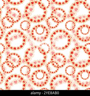 Kekse mit roter Marmelade in Form von Herzen in runden Kompositionen. Nahtloses Muster, handgezeichnete Aquarellillustration. Für Design, Dekor, Textilien, PA Stockfoto