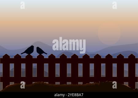Vögel sitzen auf einem Zaun des Sonnenuntergangs Hintergrund. Zwei Vögel Silhouette auf Sonnenaufgang oder abendlichen Hügeln. Am frühen Morgen mit Vögeln. Landschaft bei Sonnenaufgang und Abenddämmerung. Vektor Stock Vektor