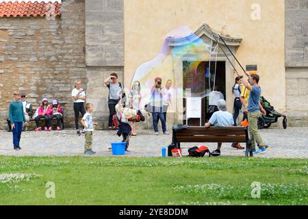 Kutna Hora, Tschechische republik - 27. Juli 2017: Kinder beobachten und spielen mit Seifenblase vor der St. Barbara Kirche, einer römisch-katholischen Kirche in Stockfoto