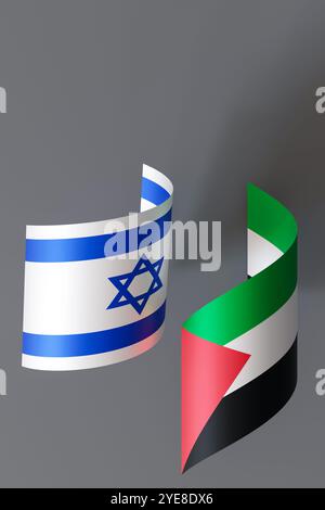 Israelische und palästinensische Fahnen auf grauem Hintergrund. Komplexe Beziehung, die Themen der diplomatischen Einheit der kulturellen Identität betont. Situation zwischen Stockfoto