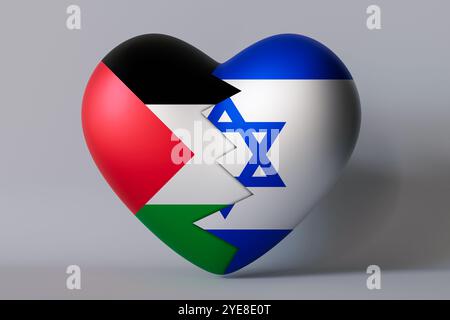 Das Herz ist in zwei Teile unterteilt, mit der palästinensischen und der israelischen Flagge, die emotionale Spaltung und dennoch eine verflochtene Verbindung zwischen zwei darstellt Stockfoto